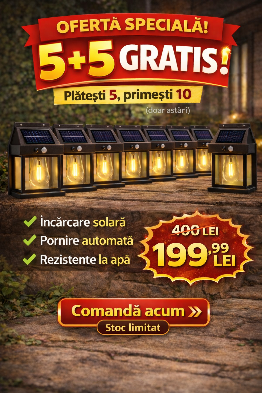 5+5 GRATIS – Lampă Solară Inteligentă cu Senzor de Mișcare ⚡ Lumină Automată Fără Cabluri, Fără Facturi! (Copy)