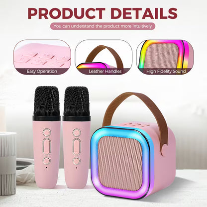 Set karaoke cu boxă Bluetooth și 2 microfoane wireless, lumini LED RGB – distracția completă pentru orice petrecere