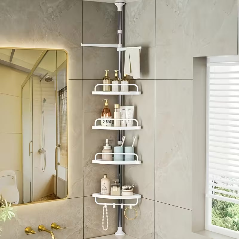 Raft de colț telescopic pentru baie 🛁 – transformă instant colțul inutil într-un spațiu de depozitare PERFECT ordonat ✨