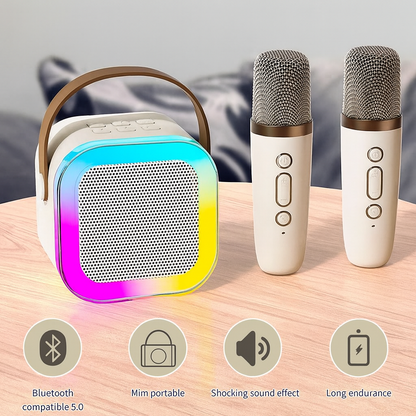 Set karaoke cu boxă Bluetooth și 2 microfoane wireless, lumini LED RGB – distracția completă pentru orice petrecere