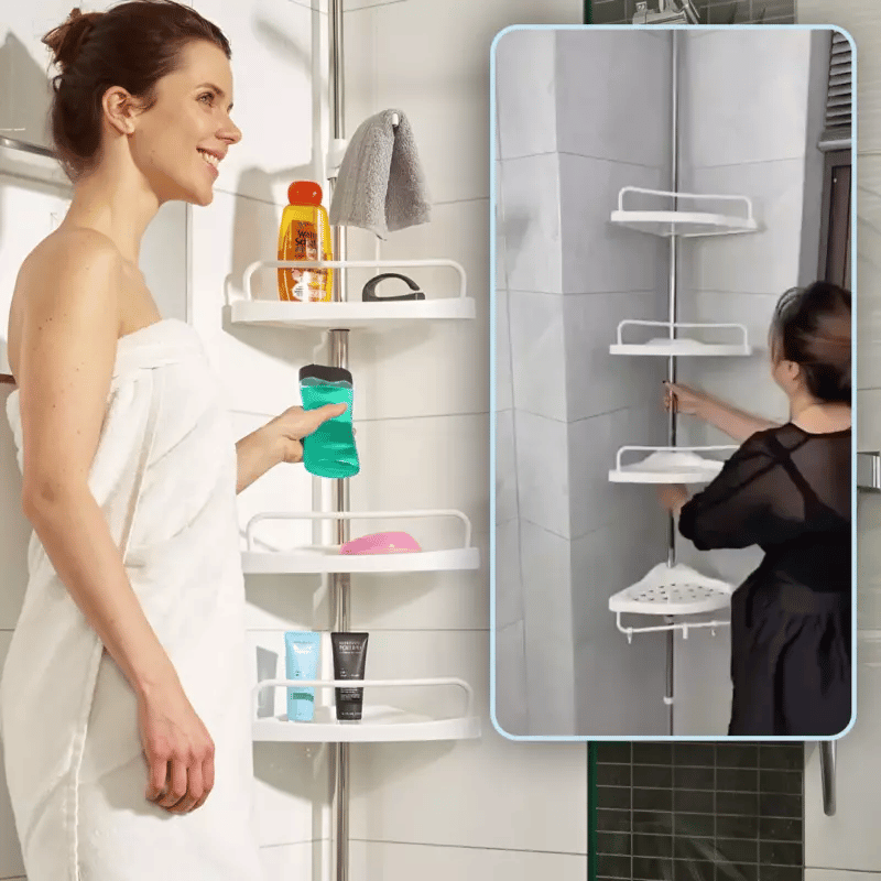 Raft de colț telescopic pentru baie 🛁 – transformă instant colțul inutil într-un spațiu de depozitare PERFECT ordonat ✨