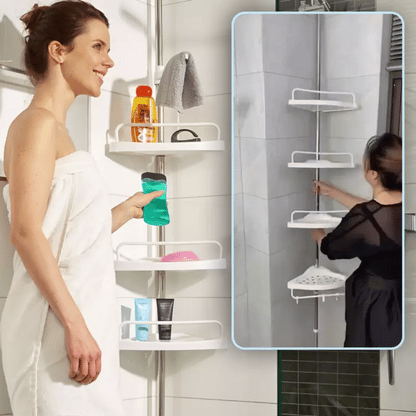 Raft de colț telescopic pentru baie 🛁 – transformă instant colțul inutil într-un spațiu de depozitare PERFECT ordonat ✨