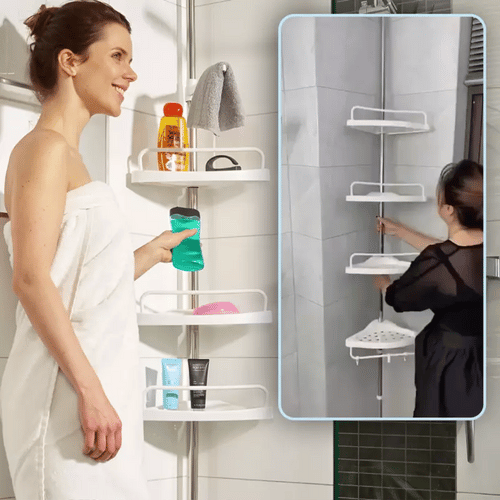 Raft de colț telescopic pentru baie 🛁 – transformă instant colțul inutil într-un spațiu de depozitare PERFECT ordonat ✨