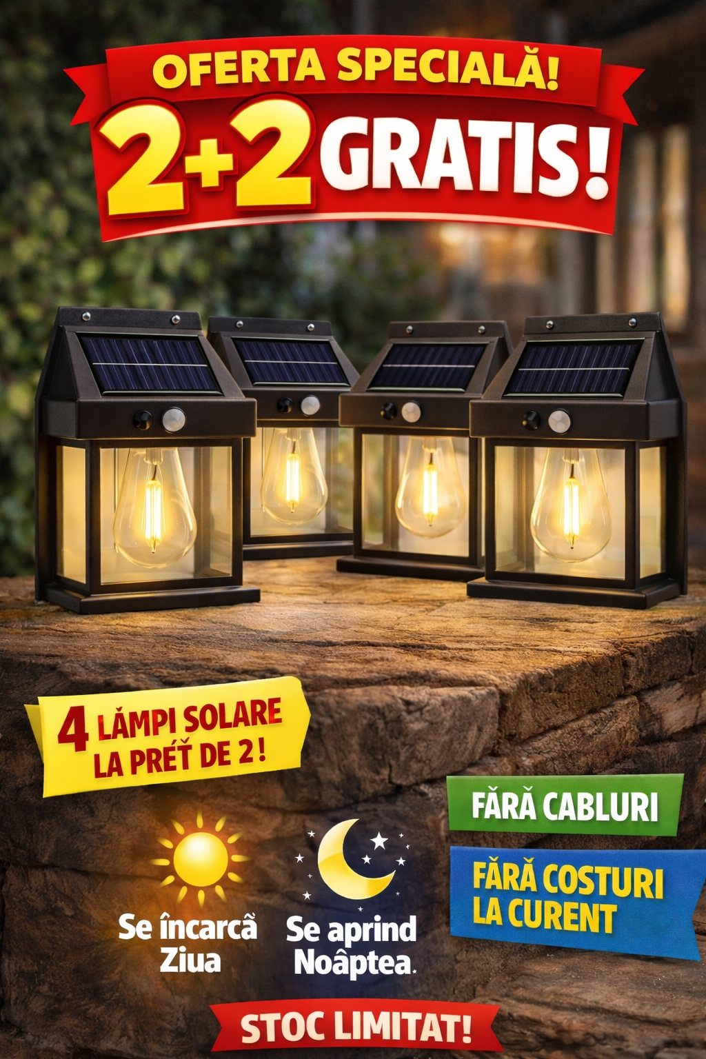 2+2 GRATIS – Lampă Solară Inteligentă cu Senzor de Mișcare ⚡ Lumină Automată Fără Cabluri, Fără Facturi!
