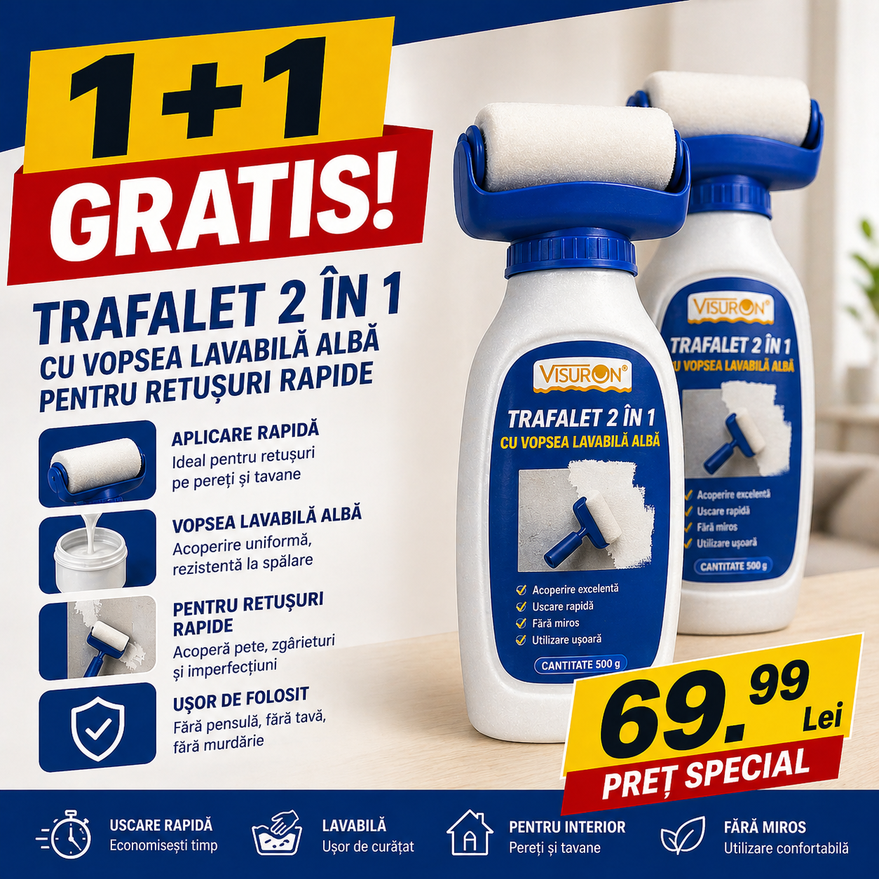 🎨 Trafalet 2 în 1 cu vopsea lavabilă albă pentru retușuri rapide – 1+1 GRATIS