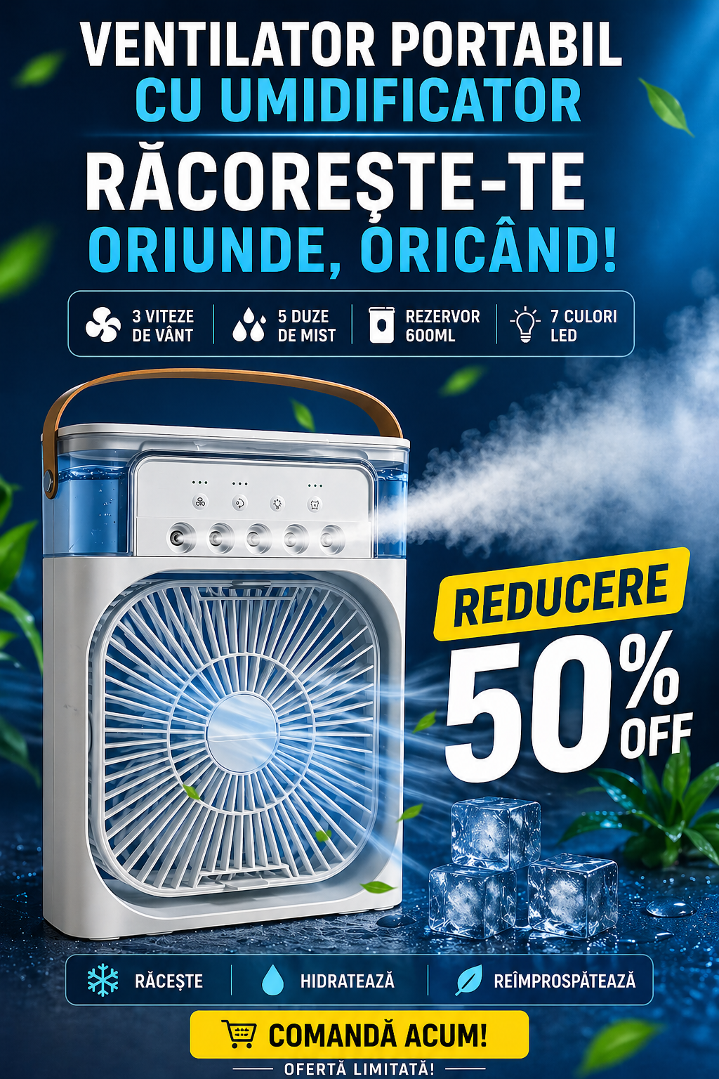 🔥 Mini Aer Condiționat Portabil — Scapă de Căldură FĂRĂ Facturi! | 3-în-1: Răcire + Umidificator + LED | 600ml USB | Culoare Aleatorie