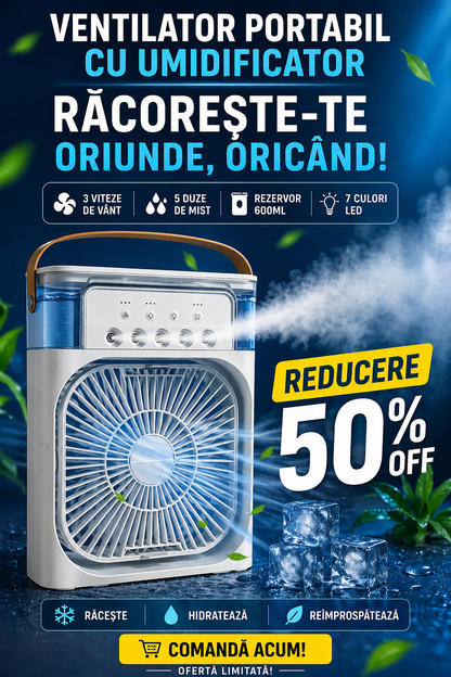 🔥 Mini Aer Condiționat Portabil — Scapă de Căldură FĂRĂ Facturi! | 3-în-1: Răcire + Umidificator + LED | 600ml USB | Culoare Aleatorie